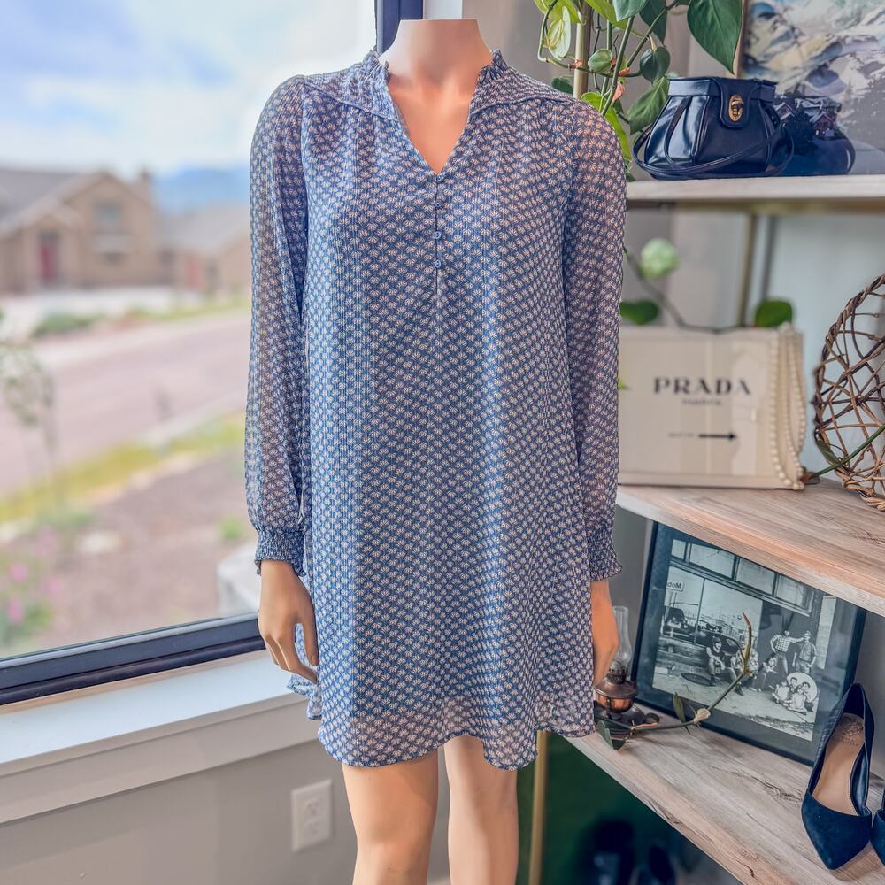 Maison 123 Paris, Blue/Grey Printed Macha Day Dress-Light Puff Sleeve-Size XS/34 - Picture 7 of 9